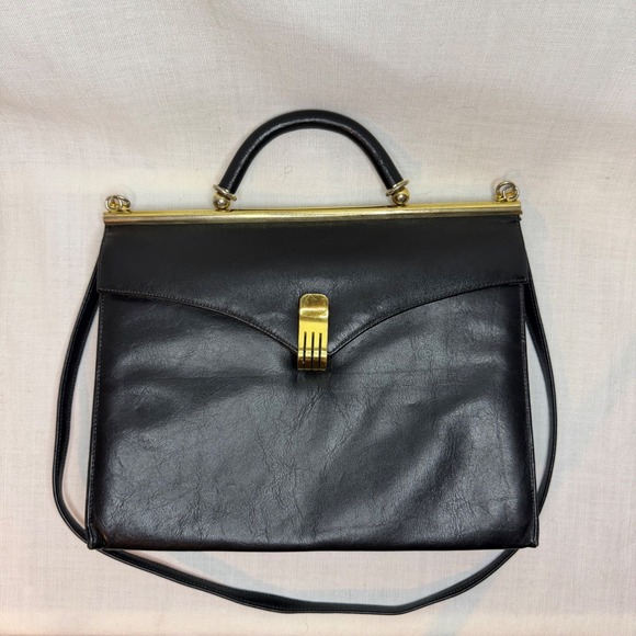 Unbranded Handbags - Vintage Black Leather Frame Handbag Gold Hardware Top Handle Shoulder Bag